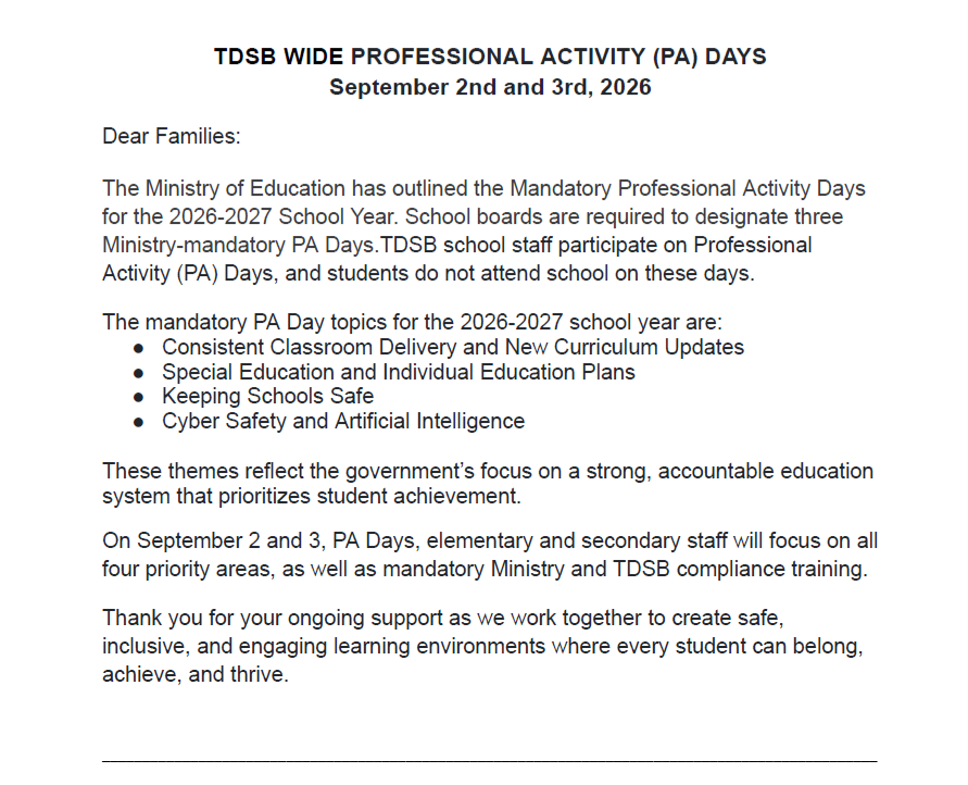 PA Day Info
